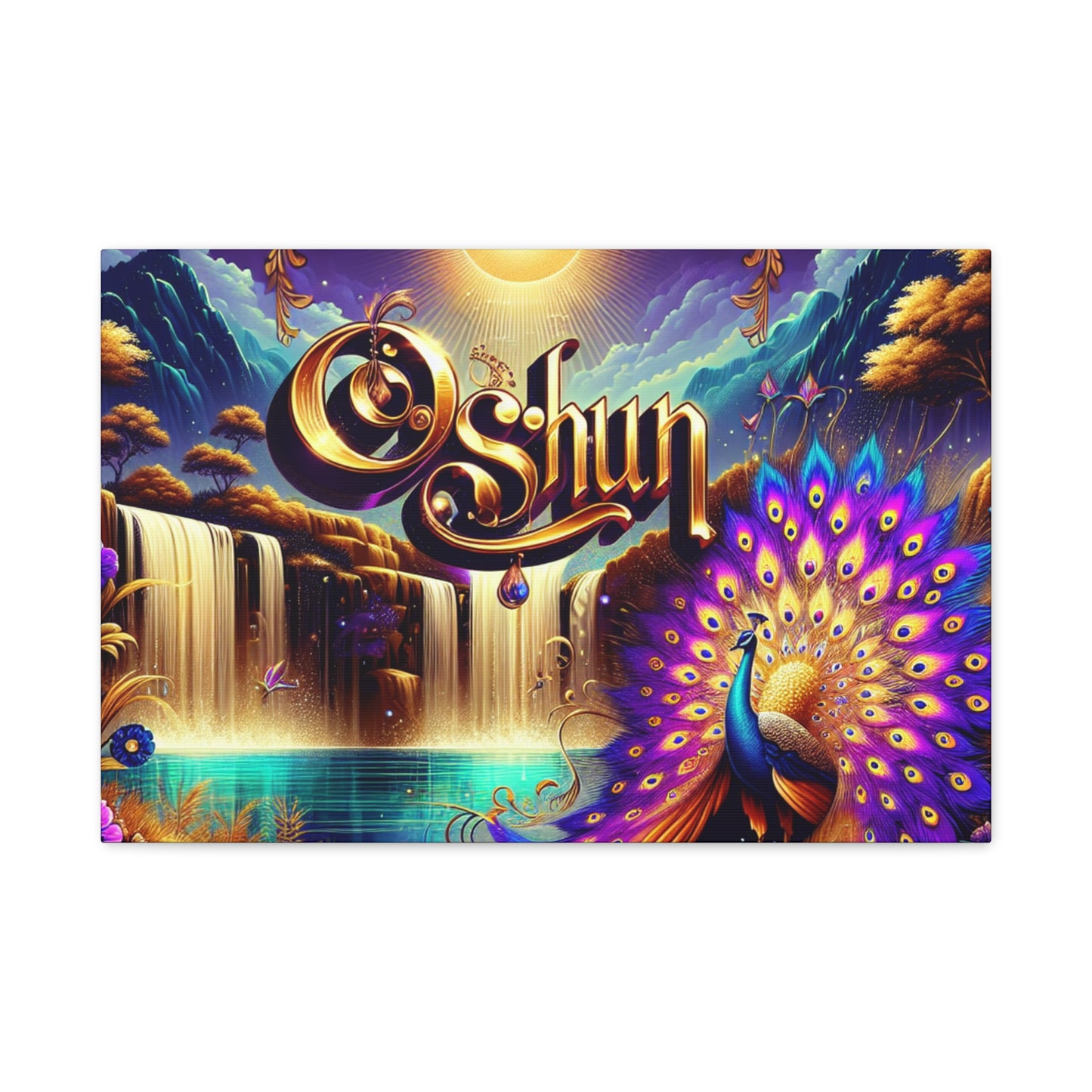 Oshun-Inspired Matte Canvas Wall Art - Vibrant Peacock and Waterfall Decor