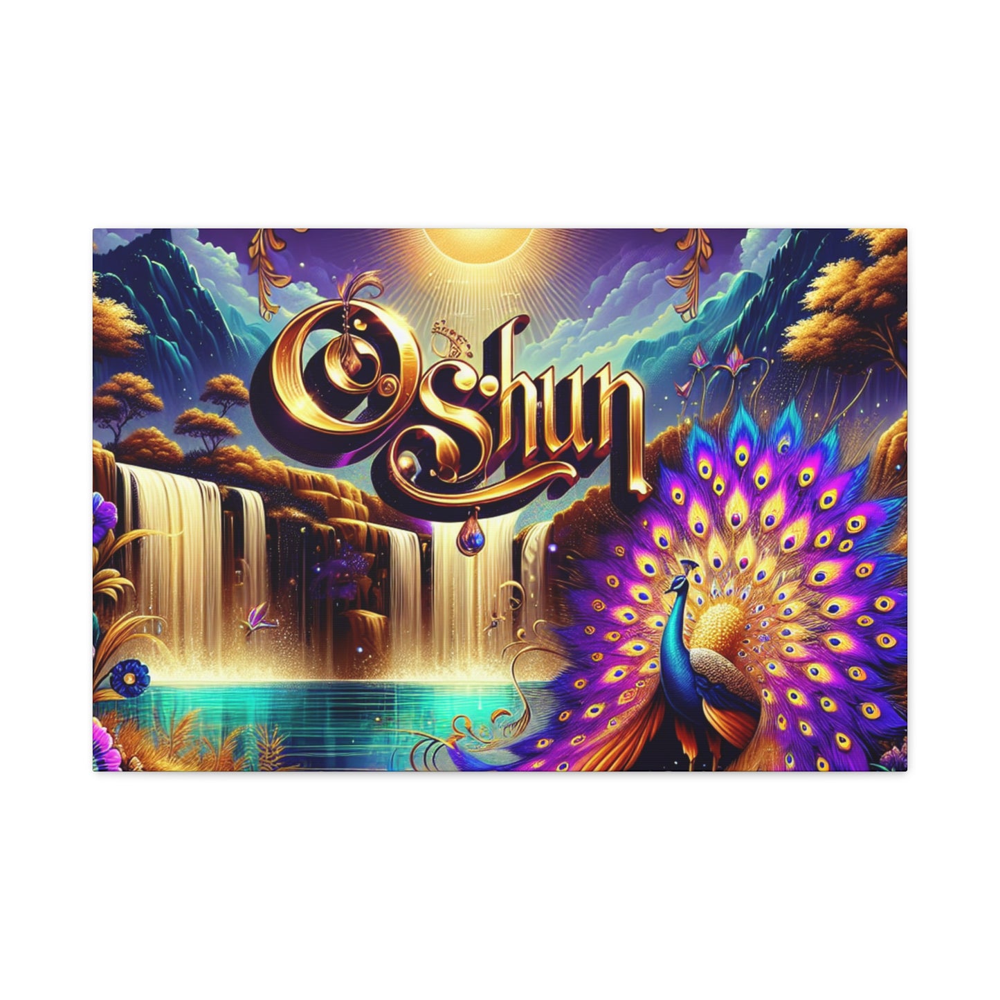 Oshun-Inspired Matte Canvas Wall Art - Vibrant Peacock and Waterfall Decor
