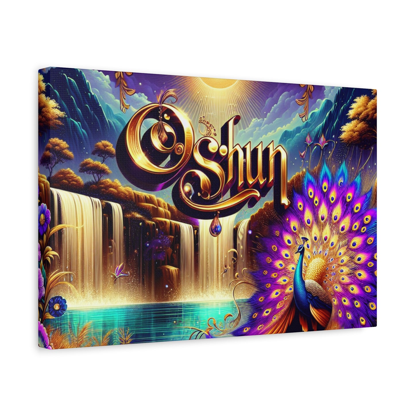 Oshun-Inspired Matte Canvas Wall Art - Vibrant Peacock and Waterfall Decor