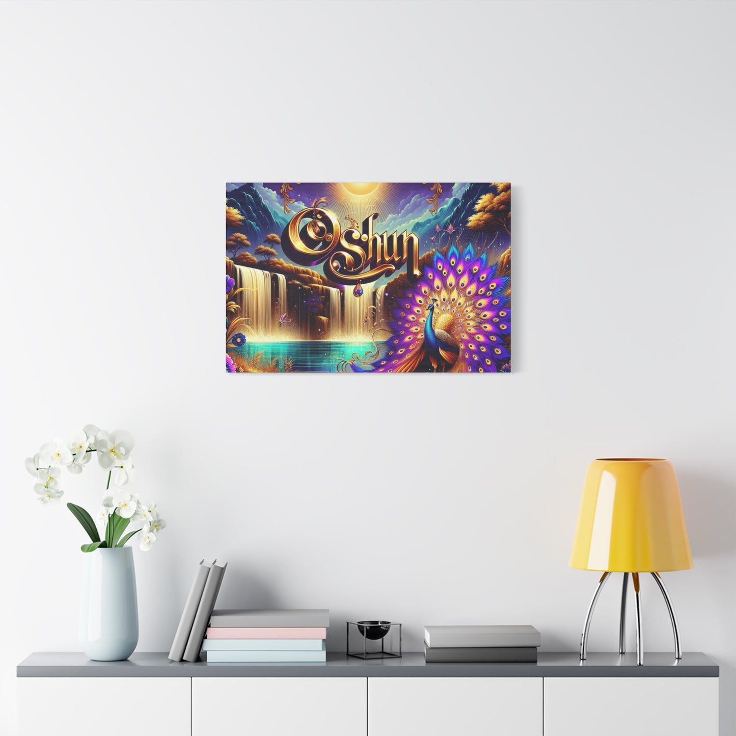 Oshun-Inspired Matte Canvas Wall Art - Vibrant Peacock and Waterfall Decor